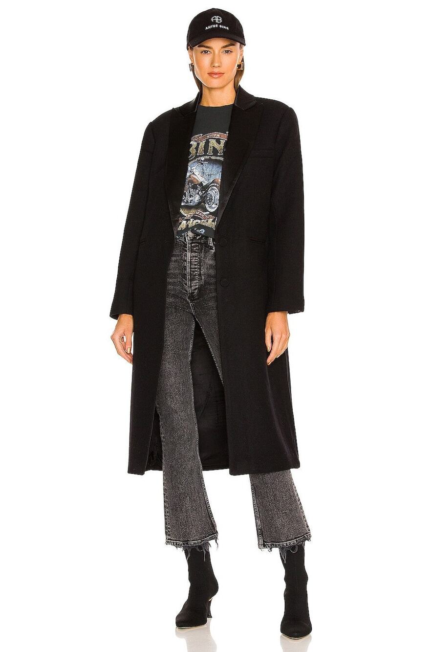 Anine Bing Selena Coat Padded Shoulder Satin Lapel - M - Black